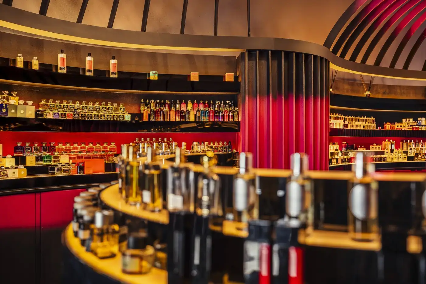 Curved counter with fragrance bottles