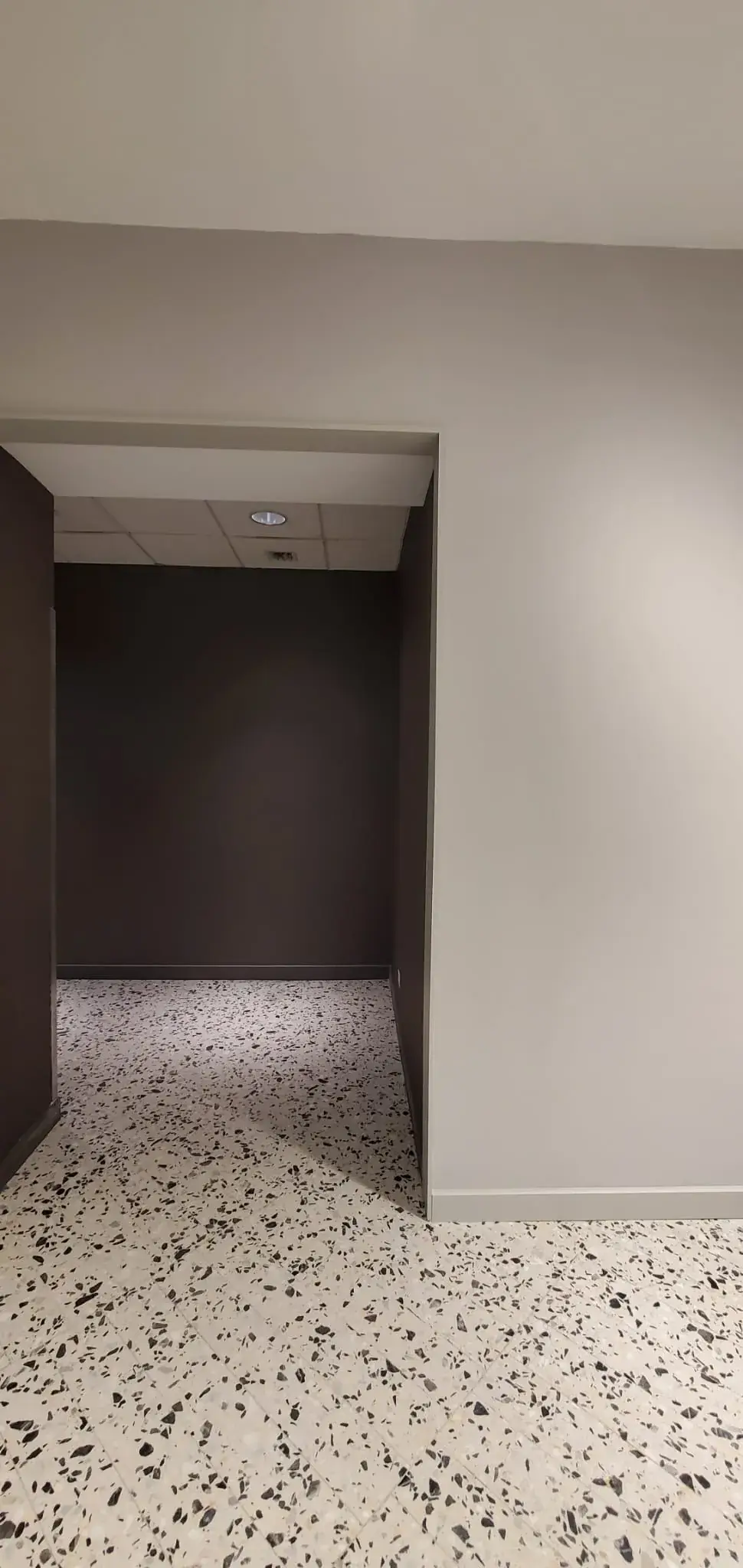 Dark taupe alcove meeting the gray corridor wall over terrazzo
