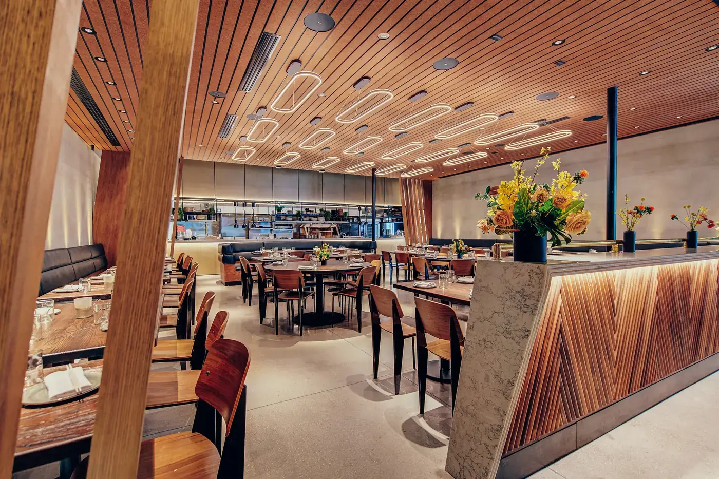Dining room under the scenic wood ceiling
