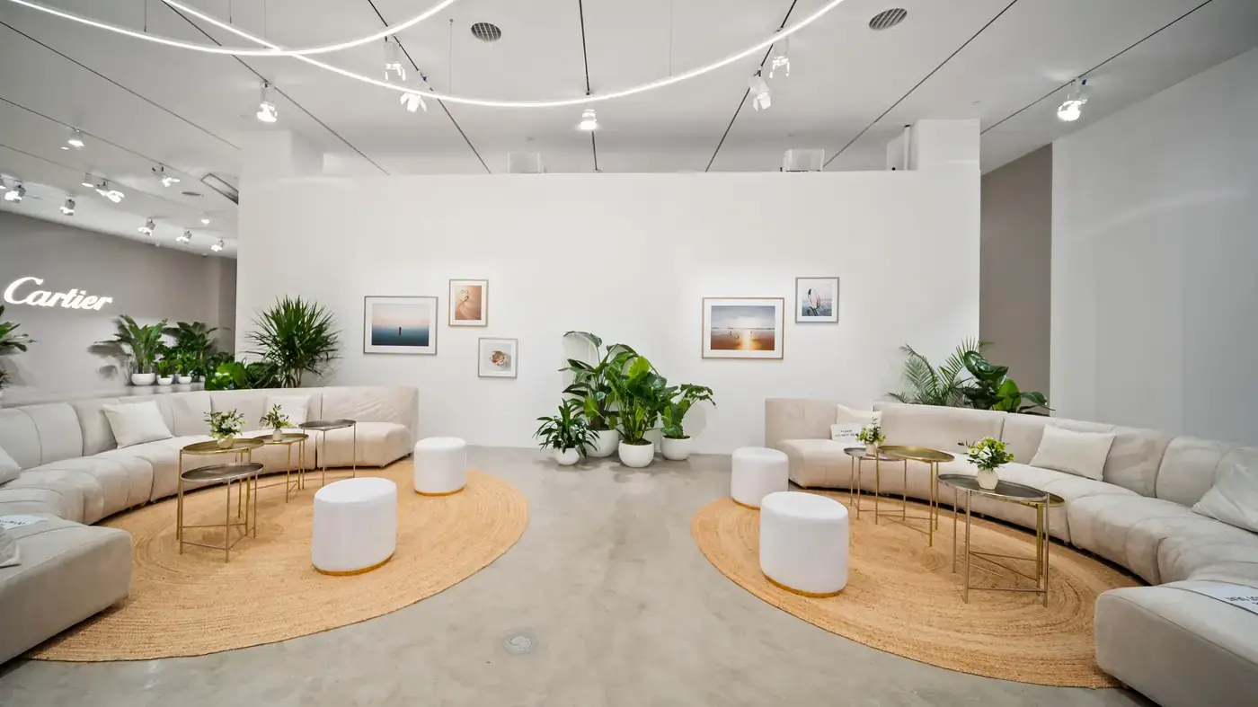 White lounge with curved seating