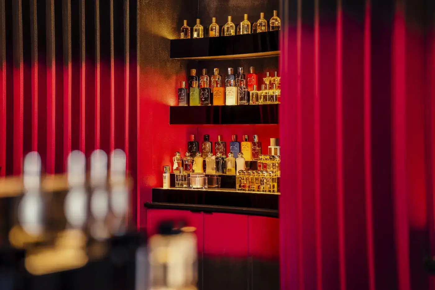 Red curtain wall and back shelving