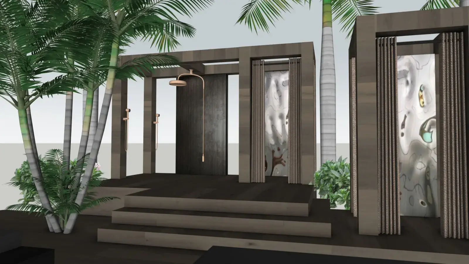 Design render: Kohler × Remedy, Miami Beach EDITION. Custom wood shower enclosure with integrated rainhead plumbing chase.