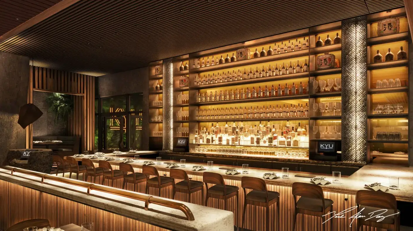 Design render: KYU Restaurant, Wynwood. Marble bar, tambour face, back-bar shelving. Designer: Mark Alan Diaz.