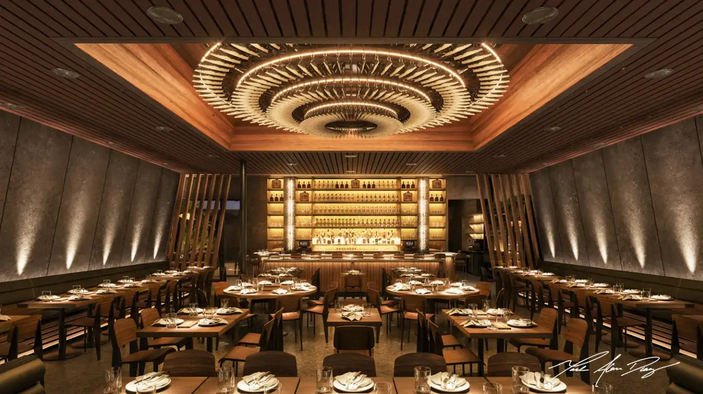 Design render: KYU Restaurant, Wynwood. Scenic wood ceiling slats and lighting over the dining room.