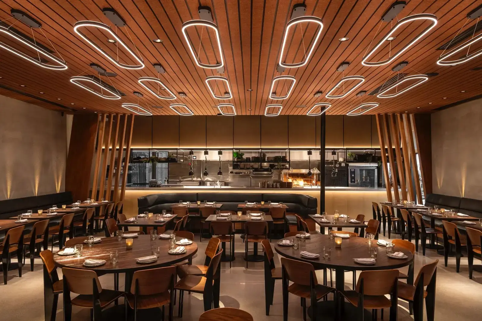 As built: KYU Restaurant, Wynwood. Scenic wood ceiling slats and lighting over the dining room.